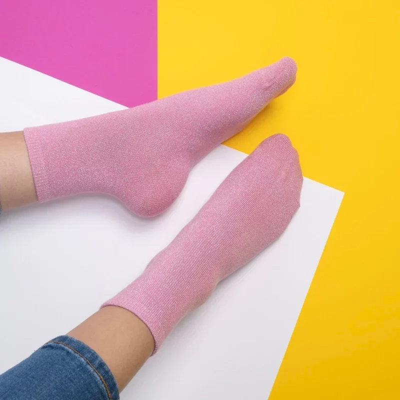 Chaussettes pailletées en coton peigné Unies - Rose pêche