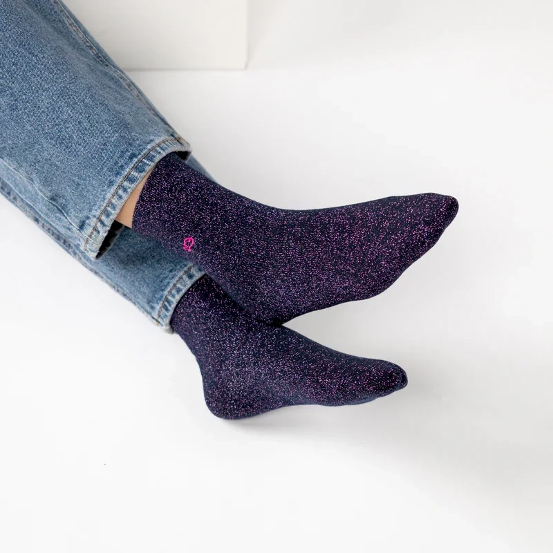 Chaussettes pailletées en coton peigné unies - Marine 37-40