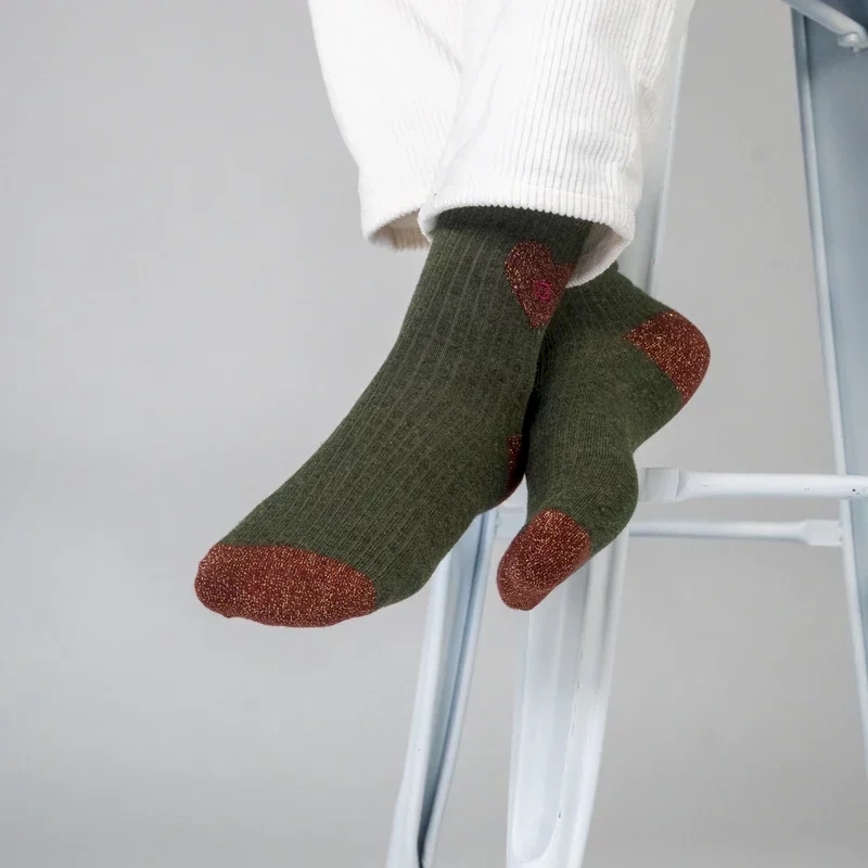 Chaussettes en coton peigné Coeur - Vert foncé Taille 37-40