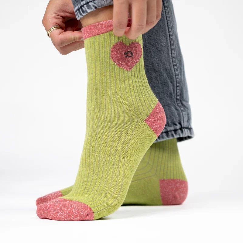 Chaussettes en coton peigné Coeur - Vert olive et rose taille 37-40