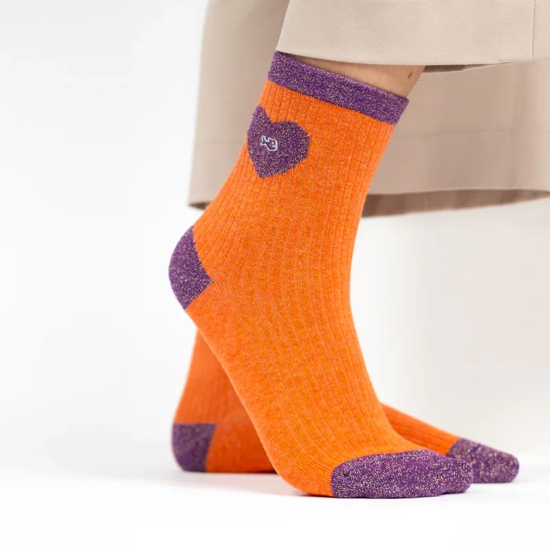 Chaussettes en coton peigné Coeur - Orange et violet taille 37-40