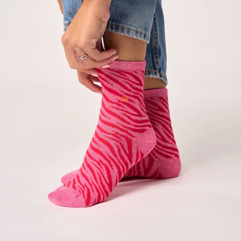 Chaussettes pailletées en coton peigné zèbre - Rose et rouge 37-40