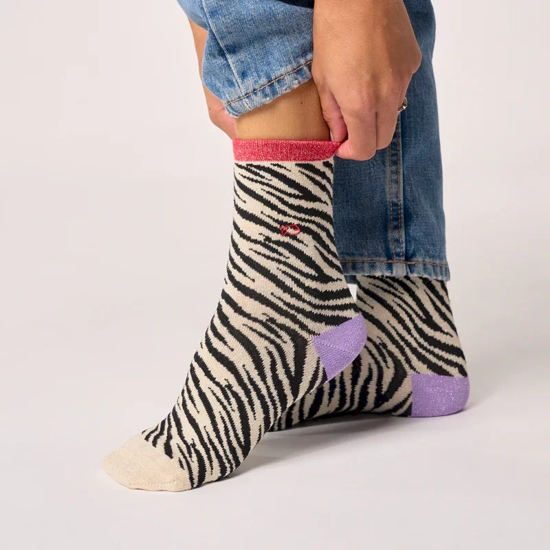 Chaussettes pailletées en coton peigné zèbre - Noir et beige 37-40