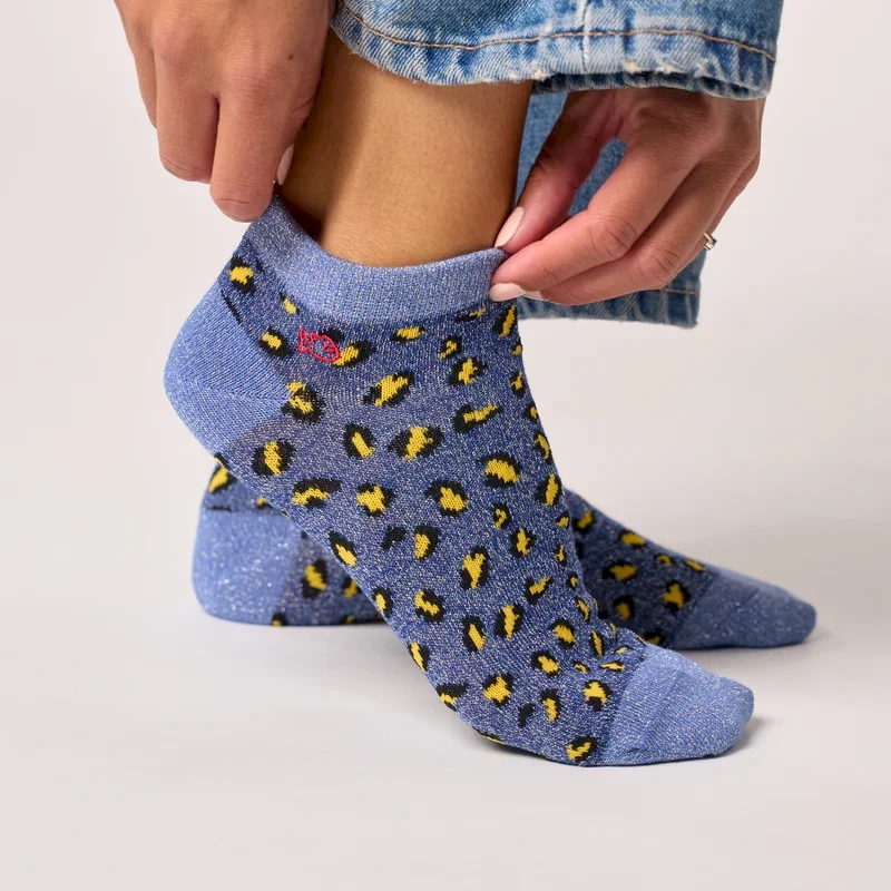 Socquettes pailletées en coton peigné léopard - Marine 37-40