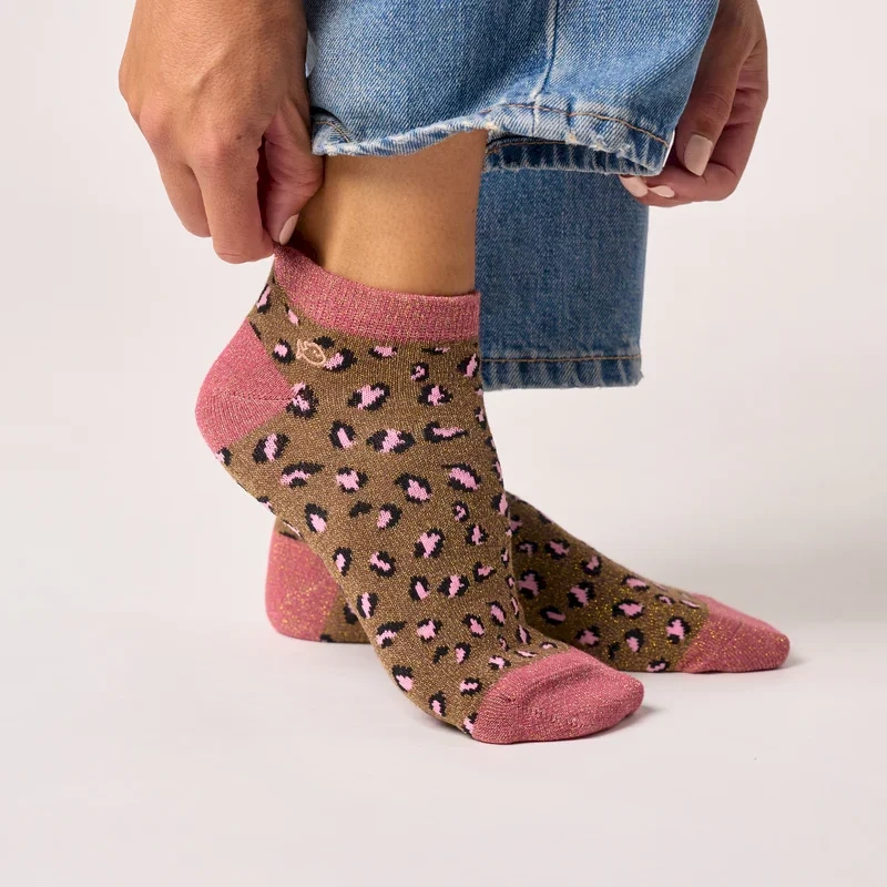 Socquettes pailletées en coton peigné léopard - Marron et rose 37-40