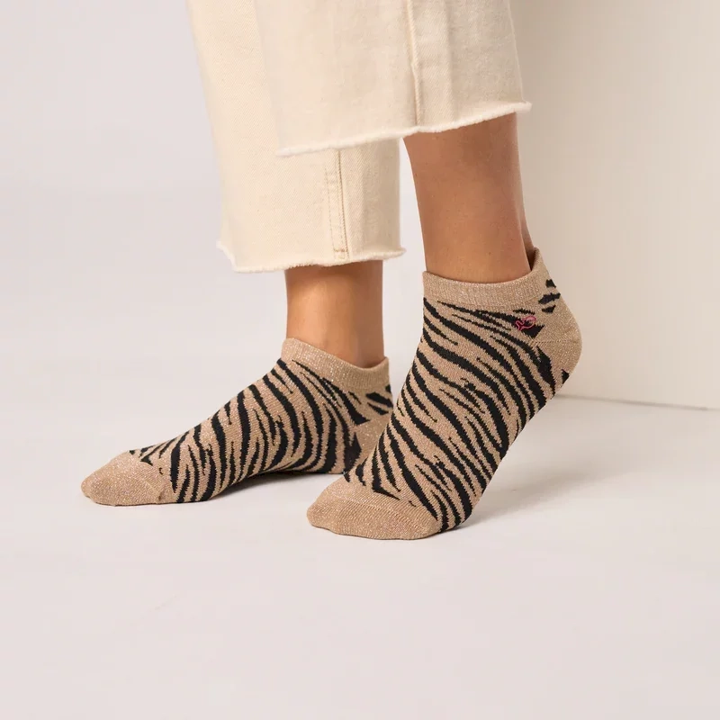 Socquettes pailletées en coton peigné zèbre - Marron et noir 37-40