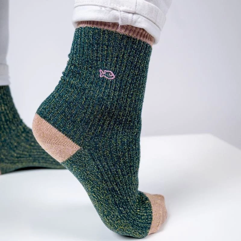 CHAUSSETTES VINTAGE PAILLETTÉE VERT EN COTON PEIGNÉ Taille 37-40